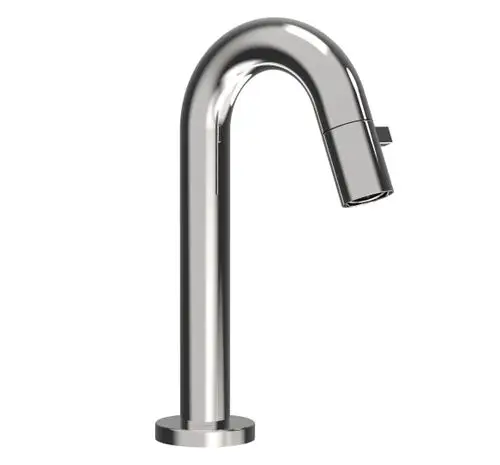 Einhebelmischer aus Chrom mit gebogenem Auslauf, gefertigt von HANSA. Der Wasserhahn hat eine einfache Bedienung und ist für Waschtische geeignet.